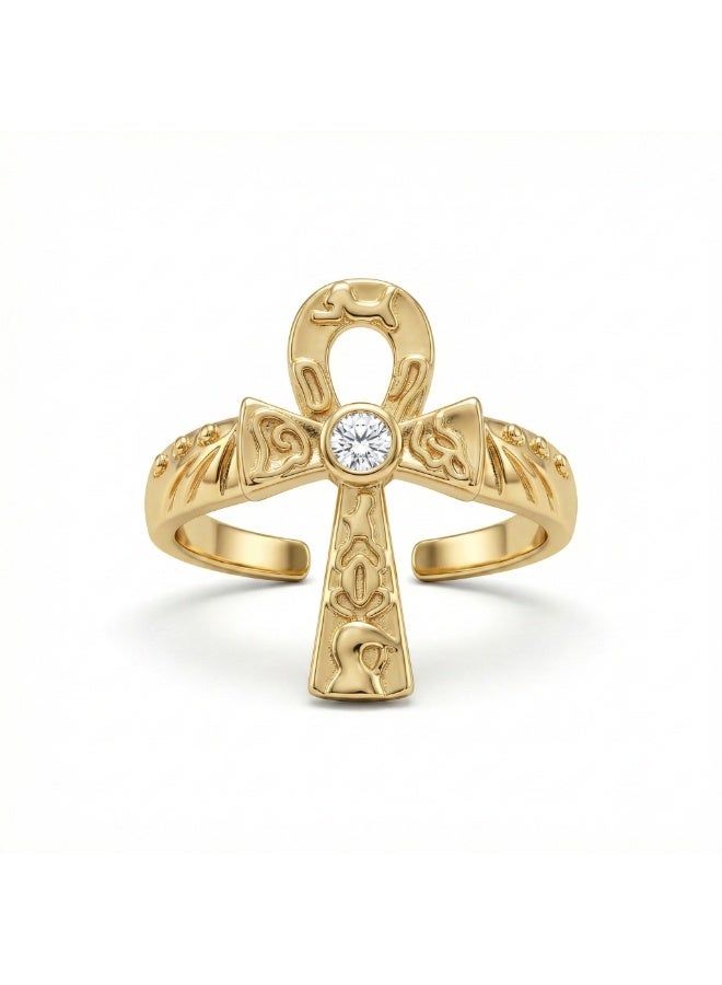 Shein 316 Stainless Steel Ankh Ring – Free Size – Gold Egyptian Life Symbol with Engraved Details – Anti‑Rust & Anti‑Fade - Image 1